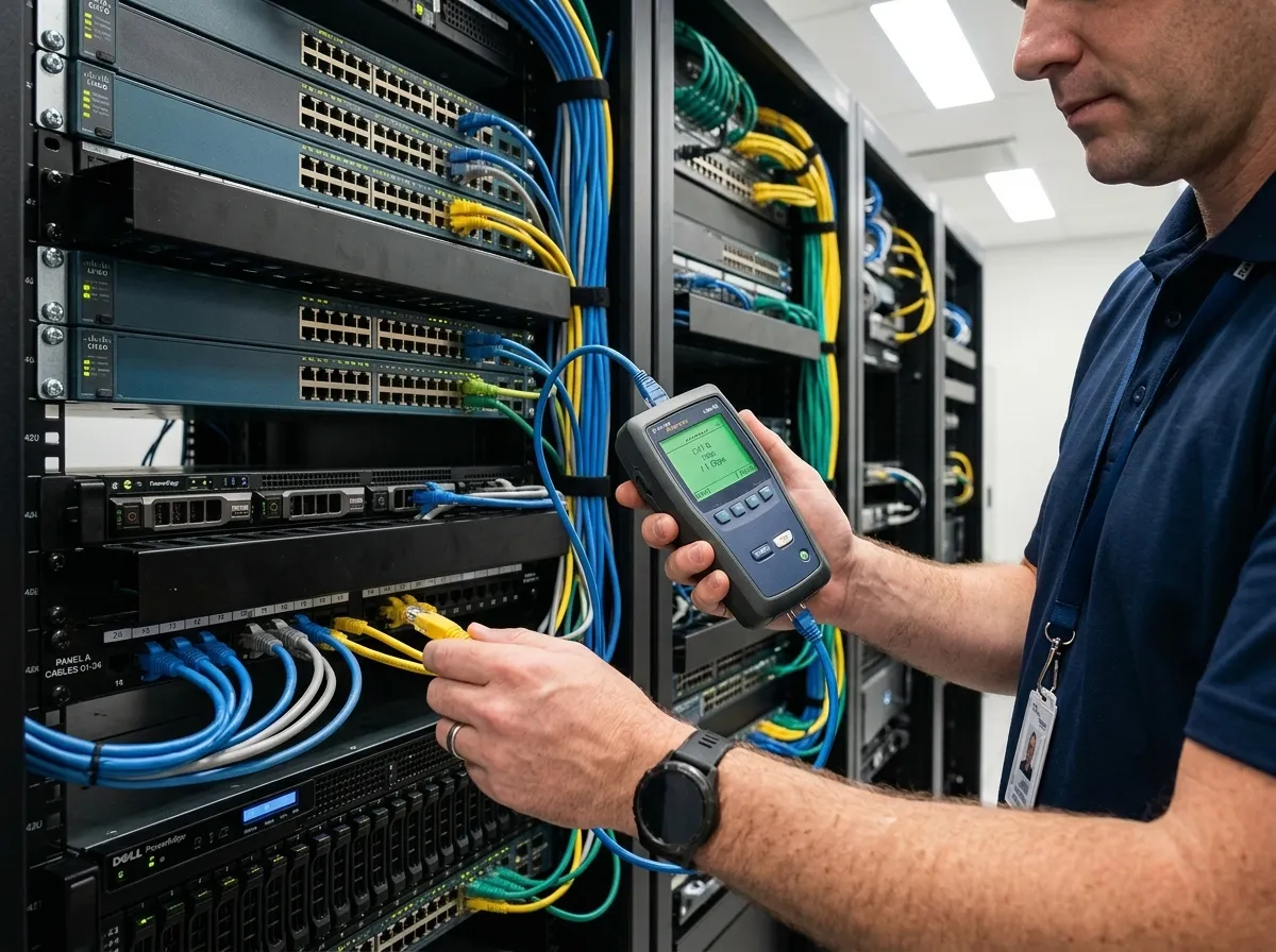 Technician diagnosing network equipment