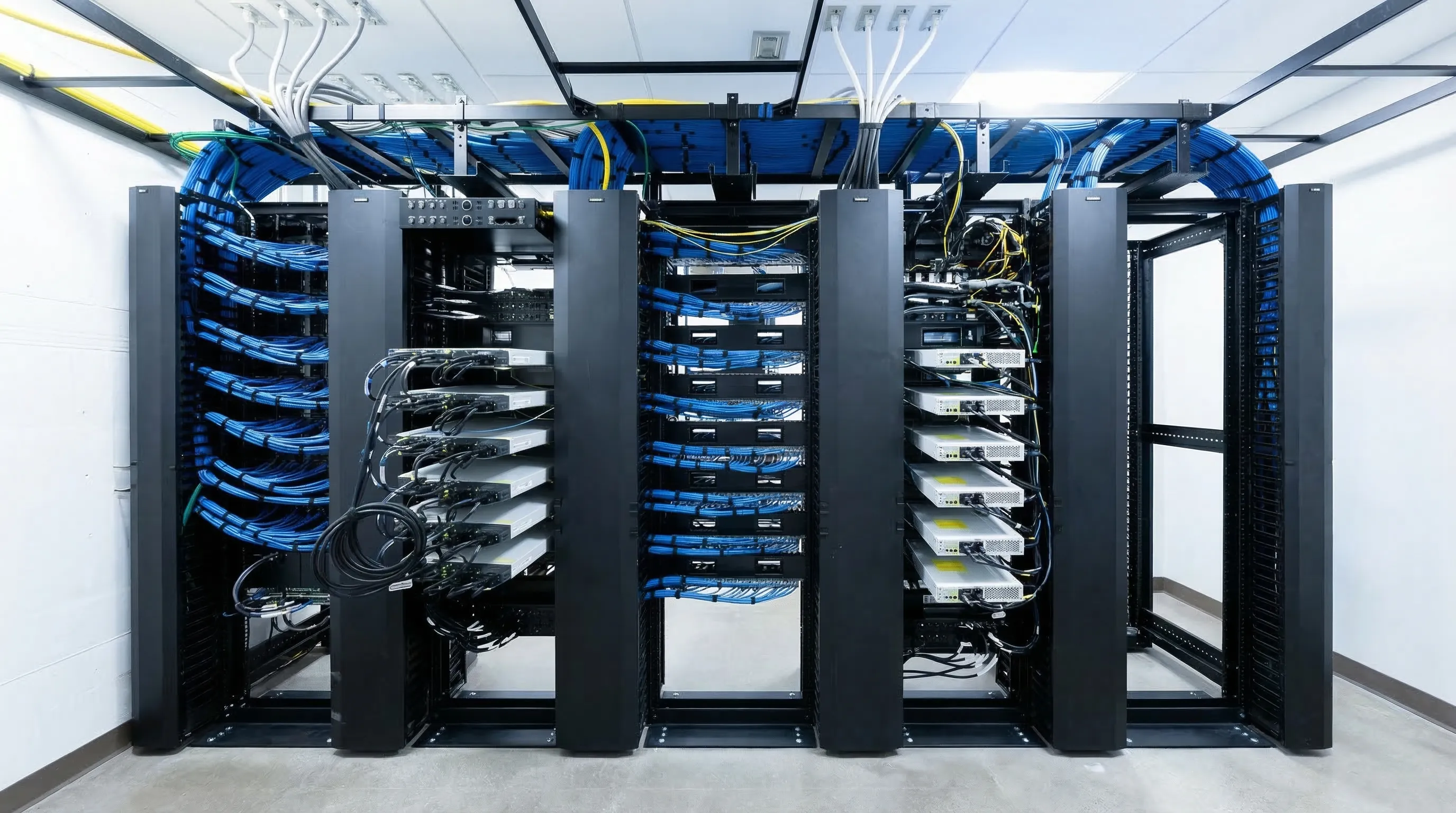 Messy server rack installation needing professional repair